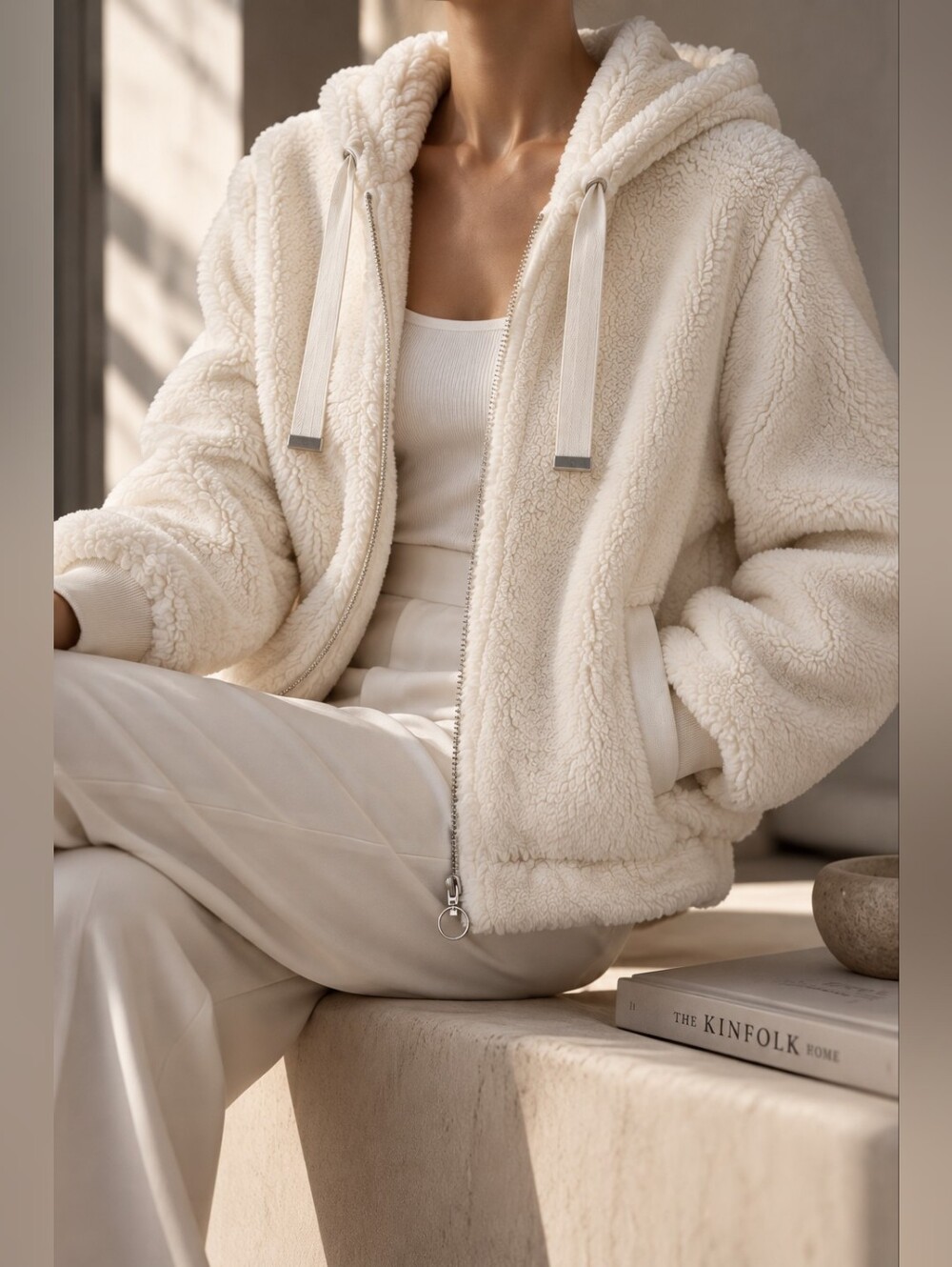 Simons NU Ivory Sherpa Fleece Hooded Zip-Up Jacket Size M